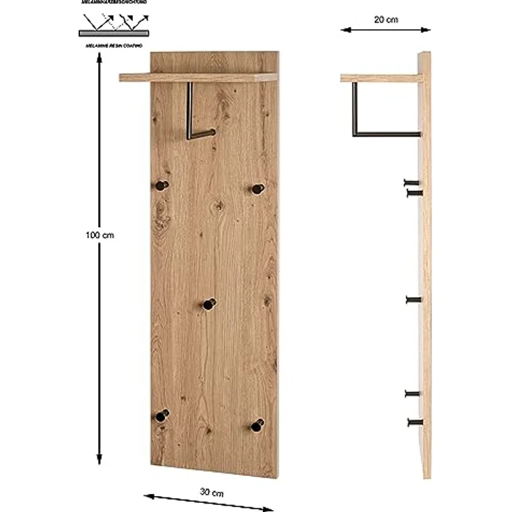 XXXL Garderobenpaneel, Schwarz und Eiche, mit 5 Haken und Hutablage, 30x100x20 cm, Wandgarderobe – Bild 3