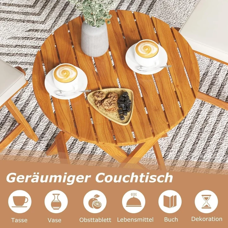 3tlg. Gartenmöbel Set Akazienholz klappbar Rundtisch 2 Stühle Kissen Beige – Bild 5