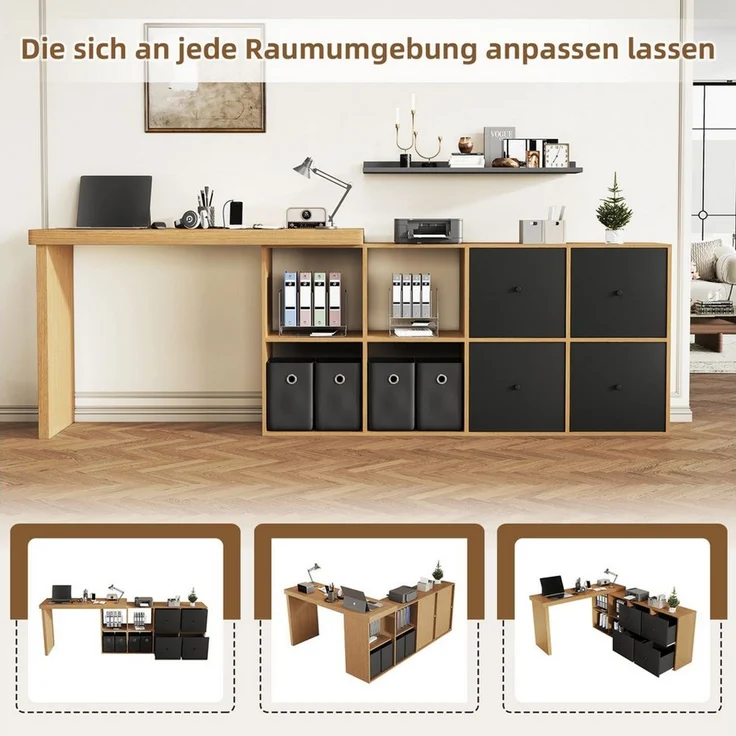 Celya Eckschreibtisch Ecktisch, Tischplatte 360°schwenkbar, L-förmig oder gerade aufstellbar (4 Schubladen - Schreibtisch, nach links gerichtet), Tischplatte und Beine 4 cm verstärkt, mit 4 Fächern,Schwarz – Bild 4