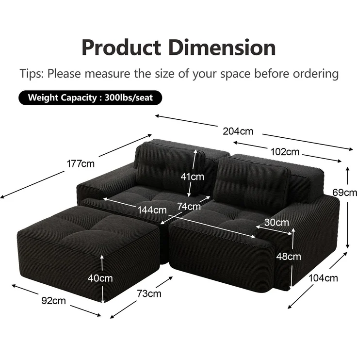 Boneless Modulsofa,Modernes L-förmiges Modulsofa für Wohnzimmer mit Tiefem Sitz bequemes Corduroy-Cloud-Sofa mit Ottoman Getuftetes Zweisitzer-Schlafsofa,Corduroy,Schwarz, – Bild 7