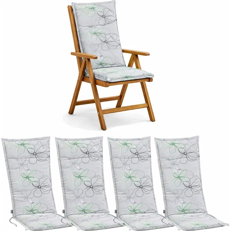 BURI 4x Auflagen Set Hochlehner für Gartenstühle 120x48x7cm Sesselauflagen Polster UV Lichtecht - Gartenstuhlauflagen Blumen Muster Stuhlkissen mit Dicker Schaumstoff Füllung (Grau)