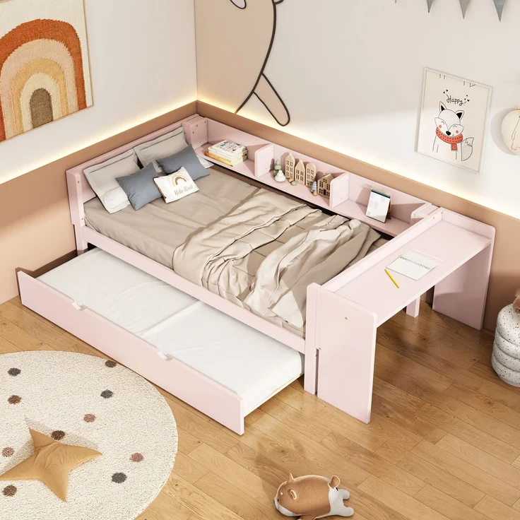 U-life Flachbett 90x200 cm Einzelbett Kinderbett Jugendbett mit Ausziehbett, Schreibtisch und 3 Regalen, Rosa – Bild 5