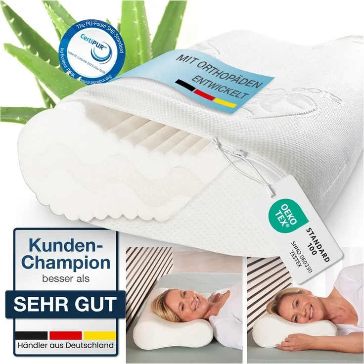 Bestschlaf Nackenstützkissen 50x35cm, 60x35cm, Bezug: Aloe Vera Bezug, mit waschbarem Bezug, für Hausstauballergiker geeignet