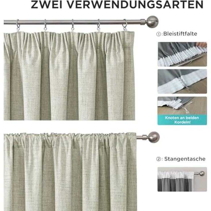Joydeco 100% Verdunkelungsvorhänge Leinen Gardinen mit Kräuselband 2er Set H183xB117cm Hellbeige, Thermovorhang Kälteschutz Blickdicht Schallschutz Ideal für Wohnzimmer passt zu Schienensystemen – Bild 4