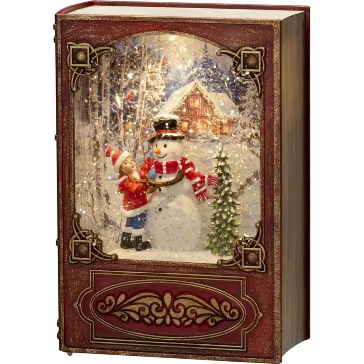 Konstsmide LED Wasserlaterne, rot, Buch, Schneemann mit Kind, mit an/aus Schalter, 5h Timer, 1 warm weiße Diode, batteriebetrieben & USB, Innen, 0, 1W, Batterie: 3 x AA 1, 5V (exkl.) - 4273-550