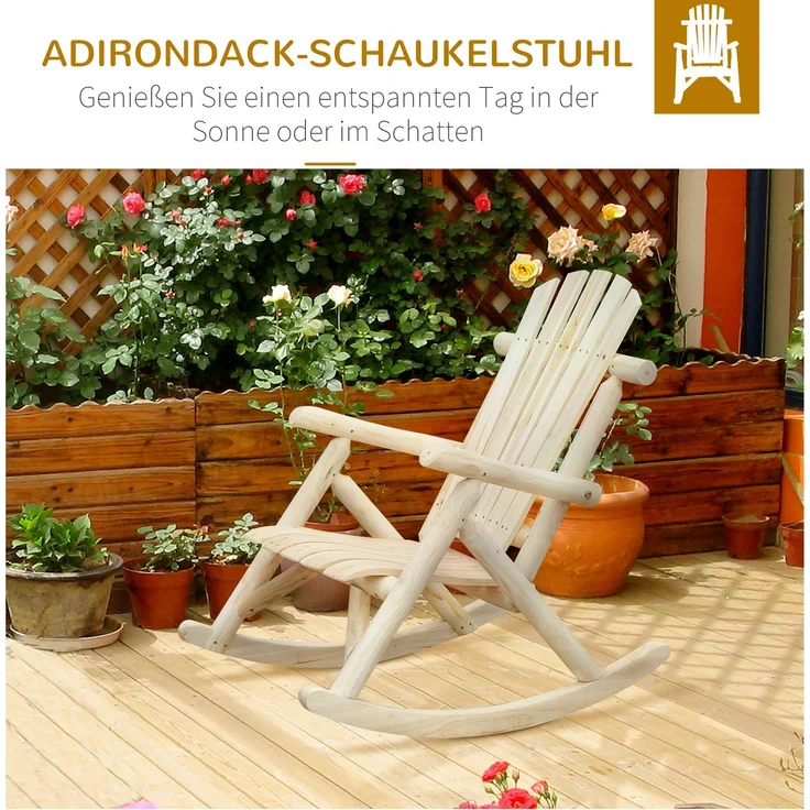 Schaukelstuhl aus Holz Schaukelsessel mit hoher Rückenlehne wetterfest Gartenstuhl bis 113kg belastbar Relaxstuhl für Wohnzimmer Garten, Rasen, Balkon Natur--Naturholz--98x66x96cm--YOUDENOVA – Bild 6