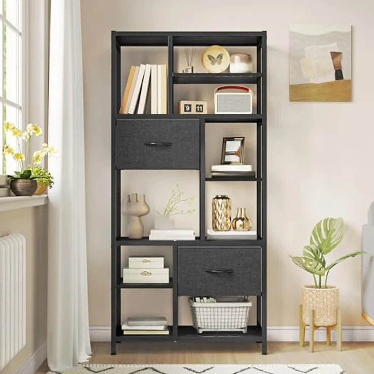 YITAHOME Bücherregal mit Schubladen, 7-stöckiges Standregal mit Stahlrahmen, Bodenstehendes Lagerregal, Industrieregal Aufbewahrungsregal, für Wohnzimmer, Büro, Flur, Küche, Schwarz Regal – Bild 2