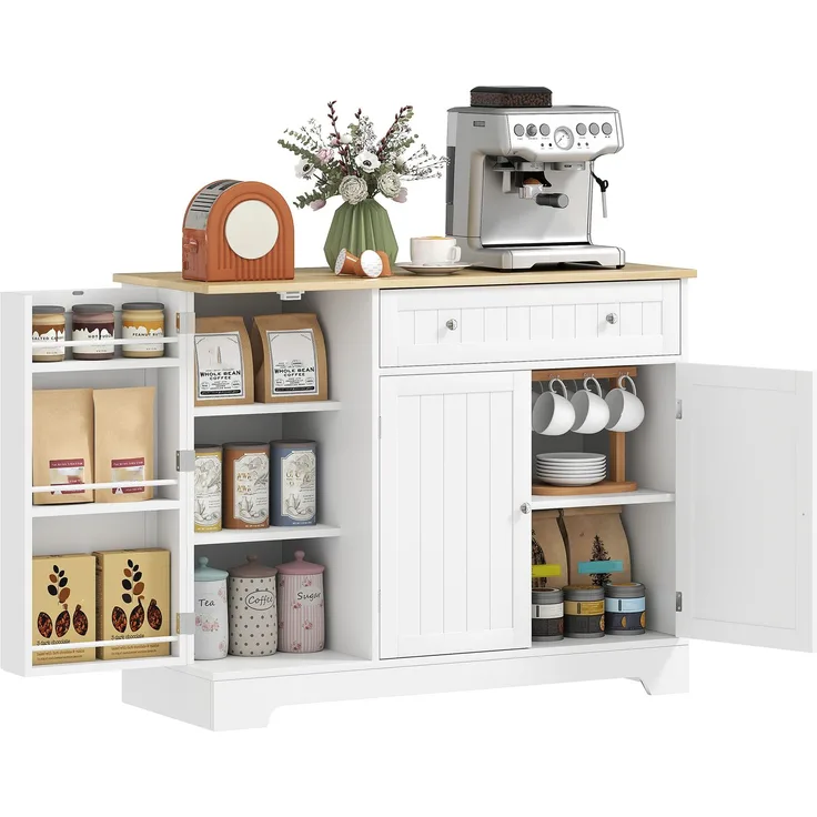 Küchenbuffet, Aufbewahrungsmöbel mit 3 Türen, Schublade, Türregalen und verstellbarem Regalboden, 105 x 40 x 83 cm, weiß