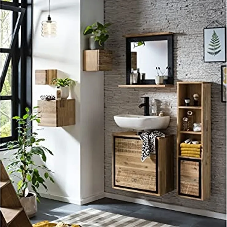 Badmöbelset massivum Jolo 6-teilig Akazie braun 25x100x15 cm hängend Wandmontage Badezimmermöbel Komplettset Landhausstil