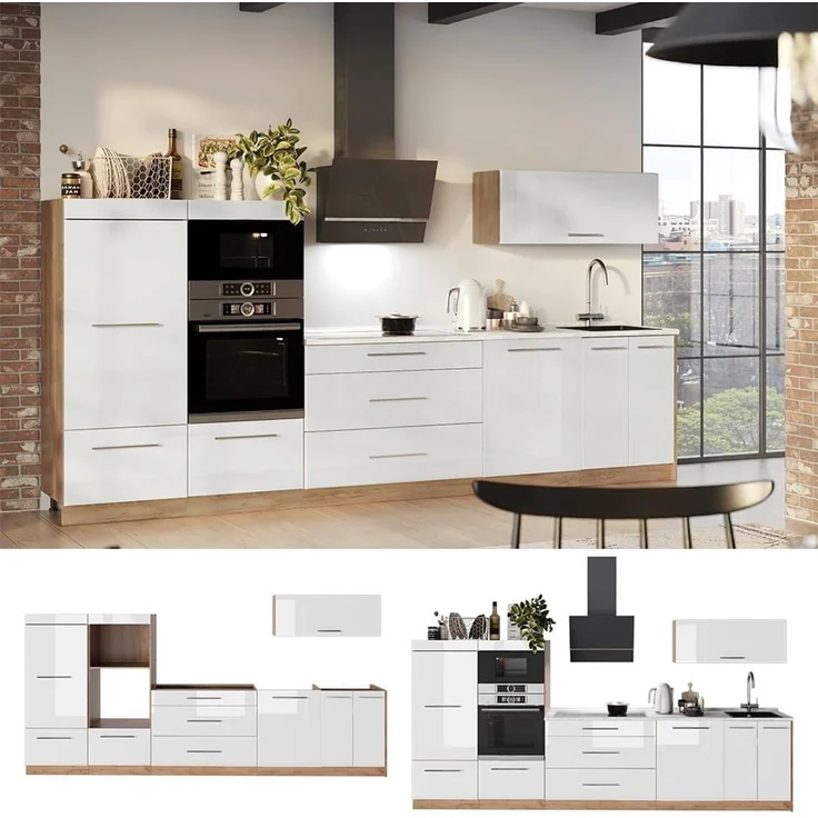 Küchenzeile Fame-Line Weiß Hochglanz/Goldkraft Eiche 340 cm, AP Anthrazit Vicco – Bild 7