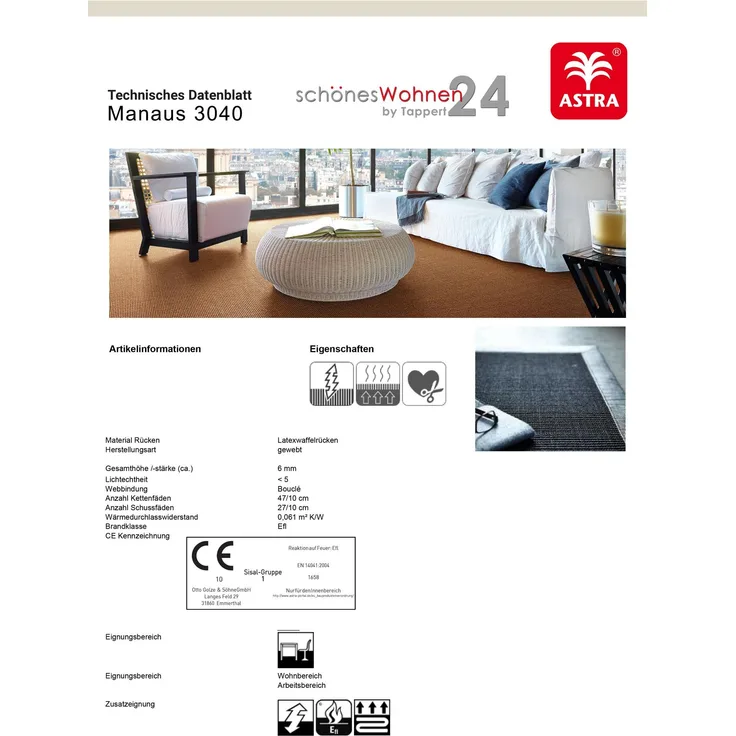 Sisal Teppich Astra Manaus mit 5cm Baumwollbordüre Grau 40/42 65x140 cm