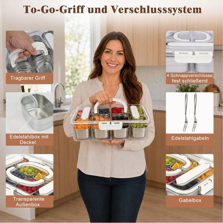 OSTWOLKE Frischhaltedose Snackbox mit 8 Fächern aus Edelstahl, Snackschale mit Deckel und Griff, Edelstahl 304 + PP, Snackbox für Obst, Gemüse, Kekse, Nüsse, Snackdose für Picknick Party – Bild 3