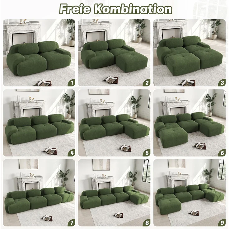 DESVIAE Sofa modular rahmenlos aus Cord Grün mit 32D-Hochdichteschaum, 298 x 178 x 70 cm – Bild 6