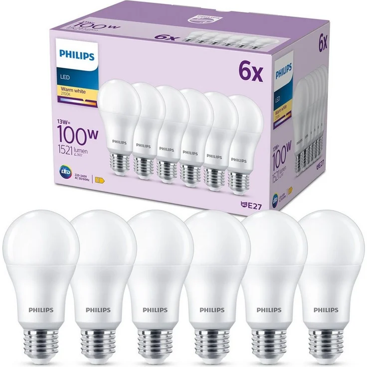Philips LED E27 Lampen 6-er Pack (100 W), matte LED Lampen mit warmweißem Licht, energiesparende LED Beleuchtung mit langer Nutzlebensdauer – Bild 1