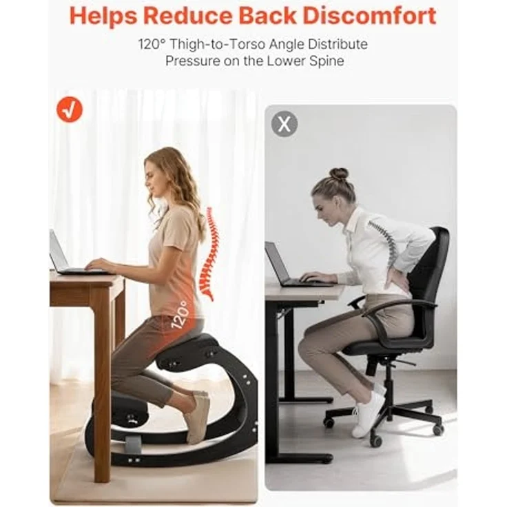 VEVOR Ergonomischer Hocker mit Dicken, Integrierten Schaumstoffpolstern & Massivholzrahmen, Höhenverstellbarer Kniestuhl zur Entlastung von Nacken und Rücken, Ideal für Zuhause, Büro, Schwarz – Bild 5
