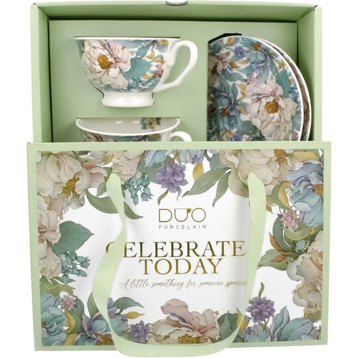 DUO 2er-Set Tassen PEONY WHITE, 250 ml mit Untertassen, New Bone China Porzellan, in Geschenkbox – Bild 2