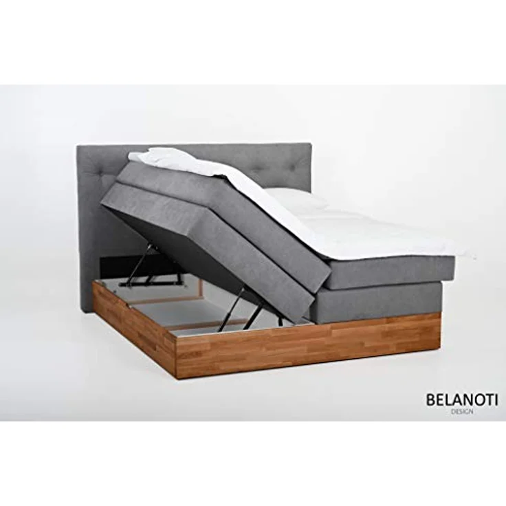 Belanoti MARBO Boxspringbett 180x200 mit Bettkasten 7-Zonen Taschenfederkern Matratze inklusive Visco Topper Bett 180x200 Eiche in der Farbe Hellgrau H2/H3 Polsterbett mit Massivholz Eiche – Bild 5