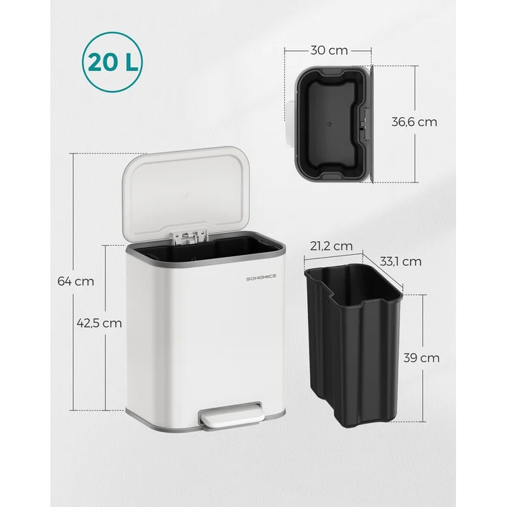 Songmics Mülleimer mit Deckel, Softclose & Offenhaltefunktion,  20 Liter, Stahl, 42,5 x 36,6 x 30 cm, Wolkenweiß – Bild 5