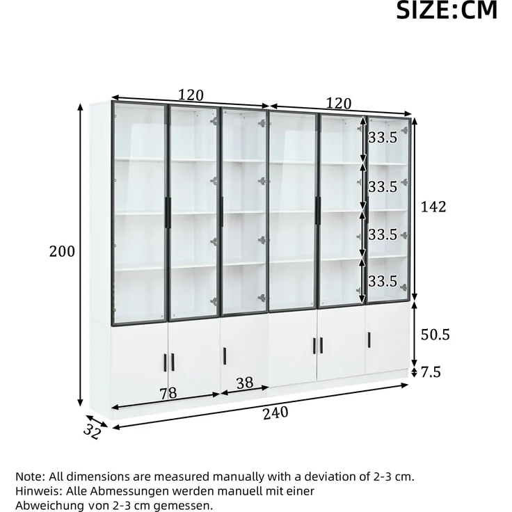 240*32*200cm Vitrine, Standvitrine mit 12 Schranktüren, Hochschrank, Glasvitrine mit LED, Wohnzimmerschrank 240 cm breit, Multifunktionsschrank, Großer Schrank, Weiß--Weiß--240x32x200cm--YOUDENOVA – Bild 7