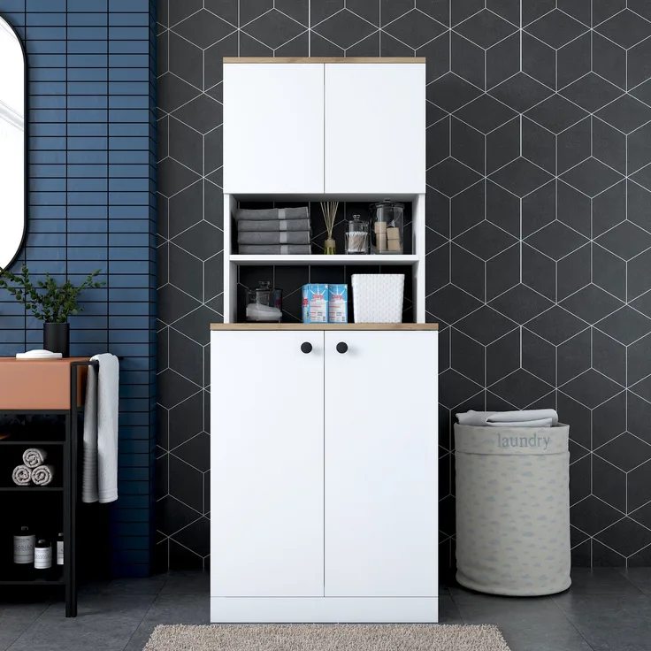Waschmaschinenschrank, 'KD102', 183,6 x 72,5 x 70, Weiß, Nussbaum