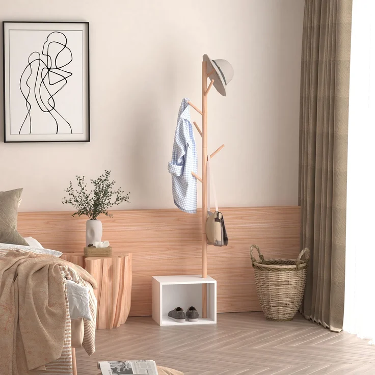 MELAYR, Gemütliche 2-in-1-Garderobe und Aufbewahrungseinheit, 40 x 30 x 180 cm (L x B x H), weißes MDF, Massivholz, Weiß – Bild 4