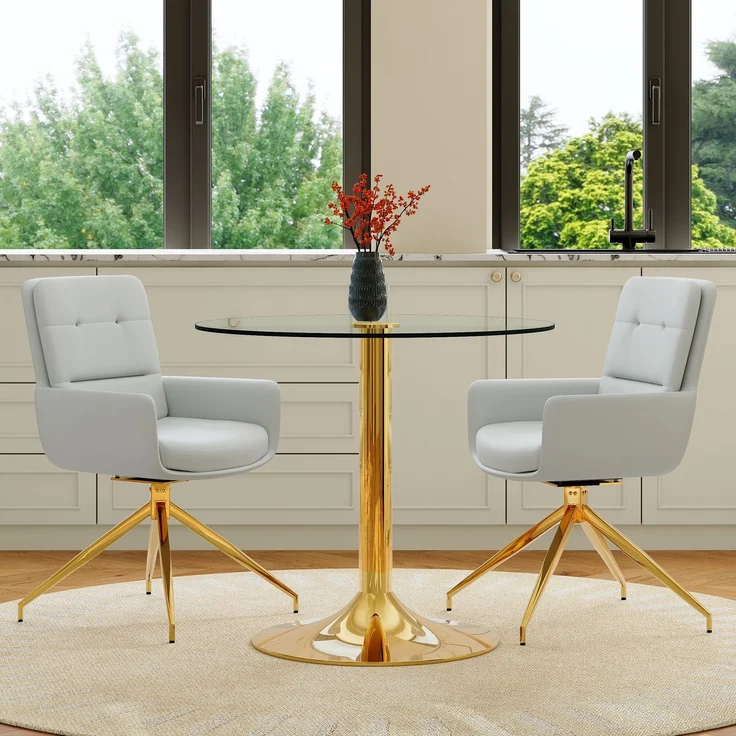 Esstischgruppe H 76 x T 85 x B 85 cm aus Glas und Metall mit 2 drehbaren Stühlen in Hellgrau – Bild 3