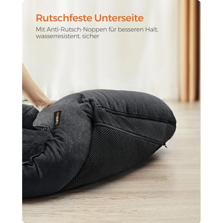 Feandrea Hundebett, Hundekissen in Leinenoptik, Hundekorb, erhöhte Ränder, rutschfeste Unterseite, Bezug abnehmbar waschbar, L, für mittelgroße Hunde, 90 x 75 x 25 cm, dunkelgrau PGW011G01 – Bild 7