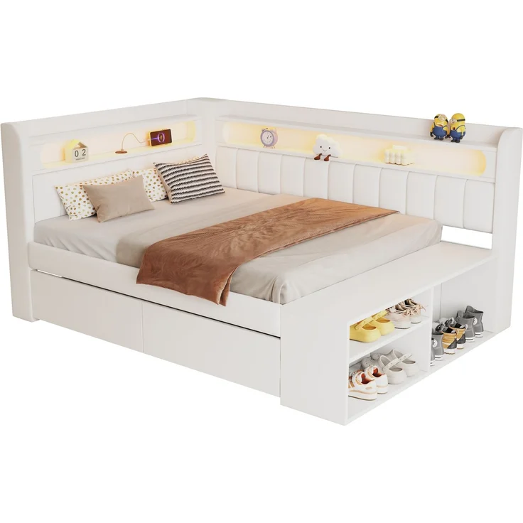 Merax Kinderbett, Einzelbett, Schlafsofa 90x200cm mit USB-Anschluss und LED-Lichtleiste, inklusive Schuhschrank und zwei Schubladen, weiß – Bild 10