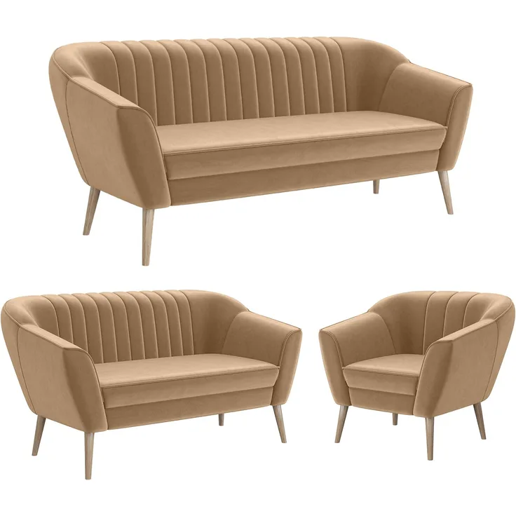 MEBLINI Sofa-Set KAIA 3+2+1 - Beige Samt - für Wohnzimmer - Mini Lounge für sechs Personen - Küchensofa - Sofa Klein - Sitzgarnitur - Polstergarnitur - Sofagarnituren