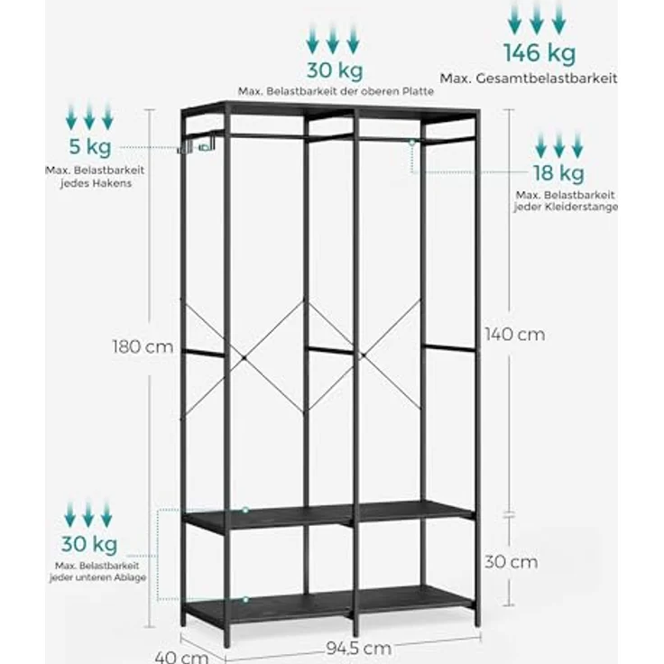 SONGMICS Kleiderschrank offen, Kleiderständer, Garderobenständer, Garderobe mit Kleiderstange, Ablagen, abnehmbare Haken, 40 x 94,5 x 180 cm, ebenholzschwarz RGR004B56 – Bild 7