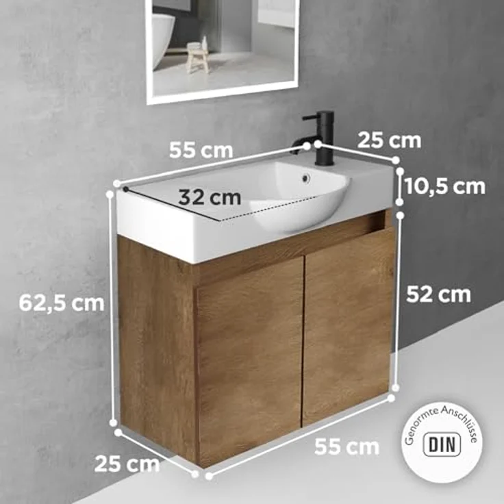 Alpenberger Badmöbel-Set Gäste WC Waschbecken mit Unterschrank 55 cm Breit, (Badschrank Klein, Badmöbel Set Eiche), Waschbeckenunterschrank mit Waschbecken – Bild 3
