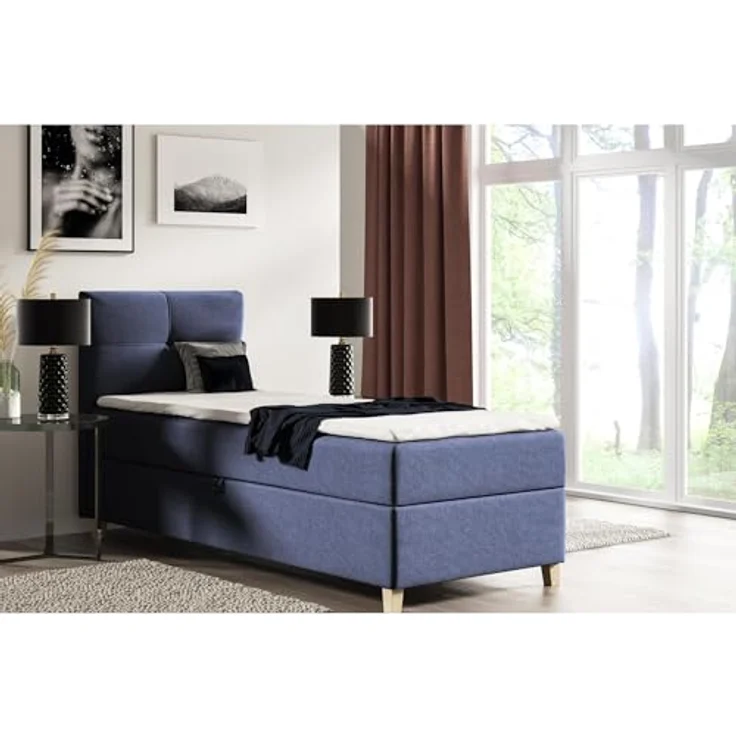 BEAUTYSOFA Modern Boxspringbett HELEN MINI, Polsterbett mit Federkernmatratze und Topper, 100x200cm, Blau (soro 76), inkl. Bettkasten für Stauraum – Bild 2