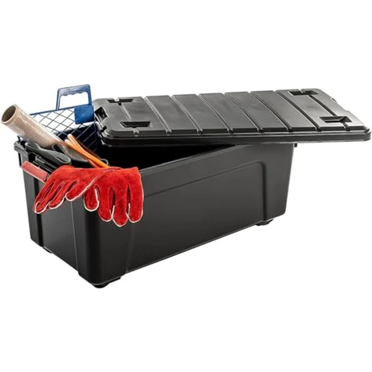 Iris Ohyama, große Kunststoff-Aufbewahrungsbox, 75 l Garagen-Aufbewahrungsbox, 3er-Set, SIA-75, schwarz, stapelbar, Verschlussklammern – B78 x T39,5 x H35 cm – Bild 5