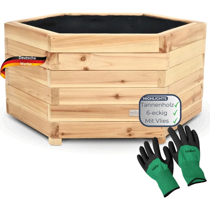 Pflanzkasten Holz 6-eckig MICHA - Inkl. Vlies und Handschuhe | Pflanzkübel Tannenholz Blumenkasten Blumenkübel Blumentopf Terrasse, 60cm Breit – Bild 1