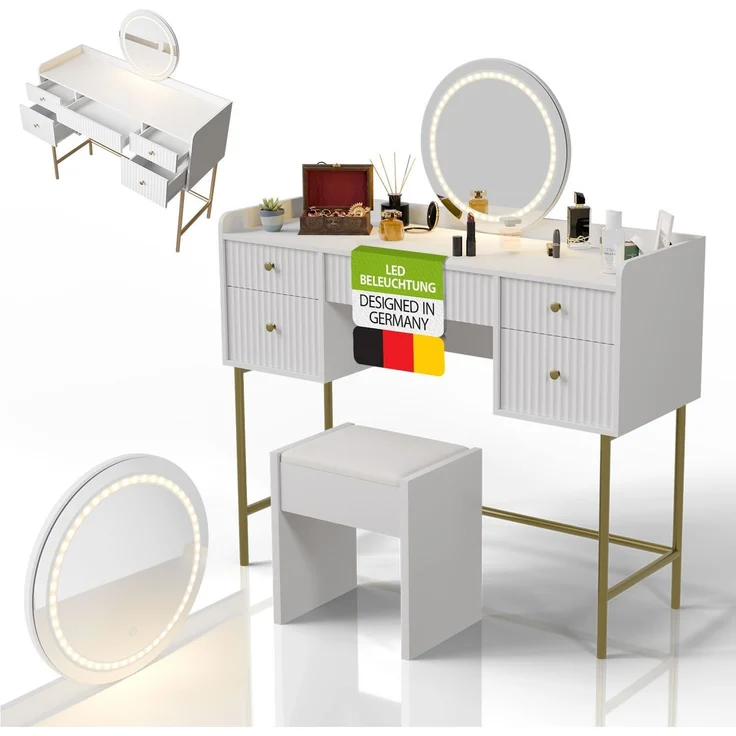 Juskys Schminktisch Samira & Hocker Melly mit Touch-LED-Spiegel, 5 Schubladen, viel Stauraum & elegantes Design für Schlafzimmer & Make-up – Weiß/Gold – Bild 1