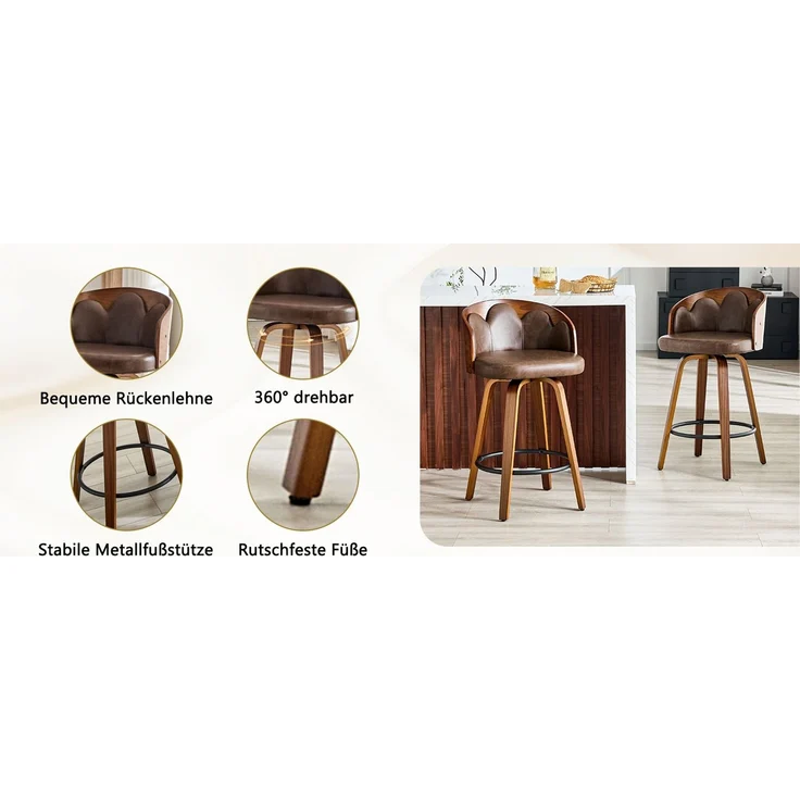 2er Set Barhocker mit Blüten-Rückenlehne, Bugholz, PU-Leder, Metall-Fußstütze, modern--Braun--89x41.5x46.5cm--YOUDENOVA – Bild 6