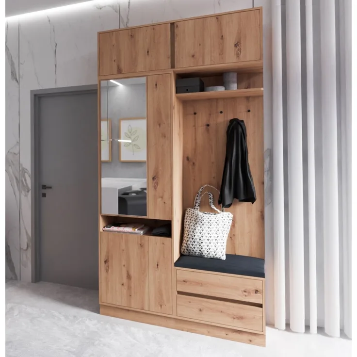 Marmex Möbel Arti N Hoher Garderobenschrank mit Erweiterung, Multifunktionale Flurgarderobe mit Spiegel, Sitzplatz und Zwei Schubladen, laminierte Spanplatte, artisan Eiche, 120x230x41 cm