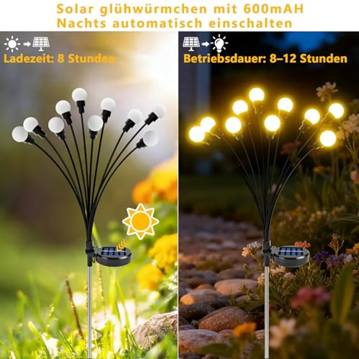 Foumteex Solarlampen für Außen Garten, 4 Stück Solar Glühwürmchen mit 8 LED und IP65 Wasserdichtigkeit, warmweiß, 8 Lichtmodi, höhenverstellbar, ideal für Garten, Wege und Terrassen – Bild 5