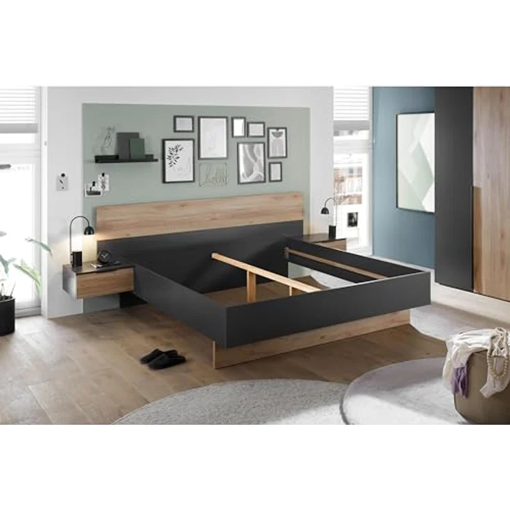 Stella Trading ASKA Stilvolle Doppelbett Bettanlage mit Nachtkommoden 180x200 cm - Schlafzimmer Komplett-Set in Graphit, Mauvella Eiche Optik - 285 x 95 x 205 cm (B/H/T) – Bild 7