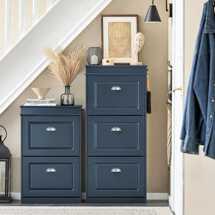 SoBuy Wäscheschrank DE1-BZR33, Badschrank mit Wäschekorb, Badkommode, Bad Waschküche Badezimmerschrank Wäscheschrank mit 2 Schubladen und 2 Wäscheboxen – Bild 2