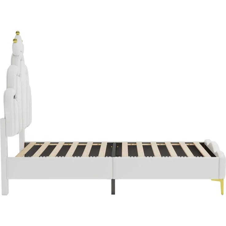 Merax Einzelbett, Polsterbett 90*200cm, Kinderbett kronenförmiges Prinzessinnenbett, weiche Polsterung aus PU-Leder, verstellbarer LED-Umgebungslichtstreifen, weiß – Bild 6