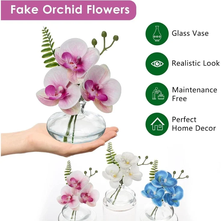 Künstliche Orchideen Kunstblumen 3er Set Deko mit Glasvase Bad Büro Wohnzimmer – Bild 5