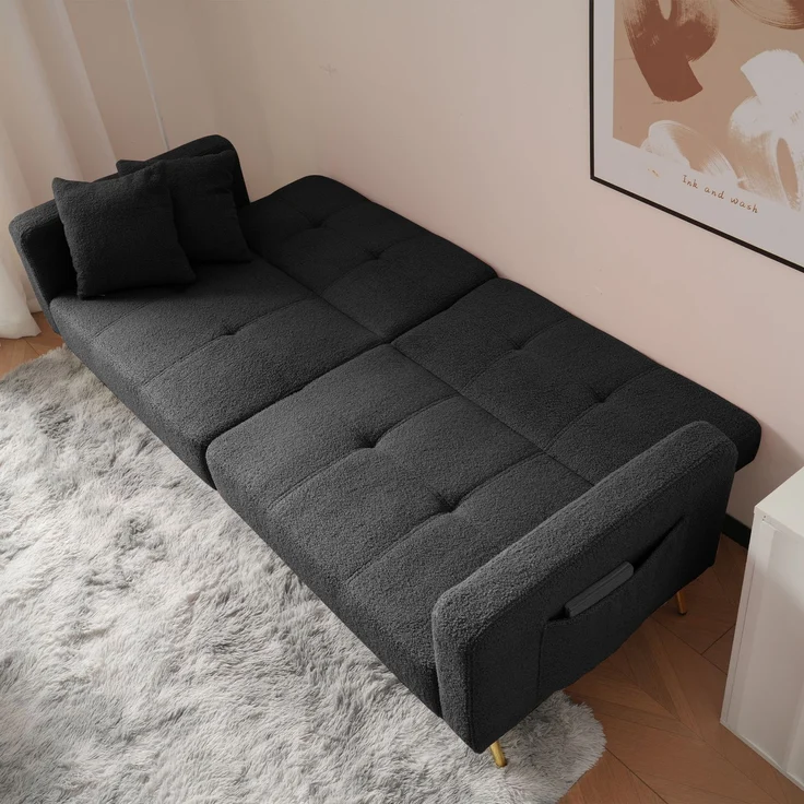 Schlafsofa mit Lammwollbezug, hochdichte Schaumstoffkissen, Rückenlehne neigbar bis 180°, vergoldete Beine, dunkelgrau – Bild 7