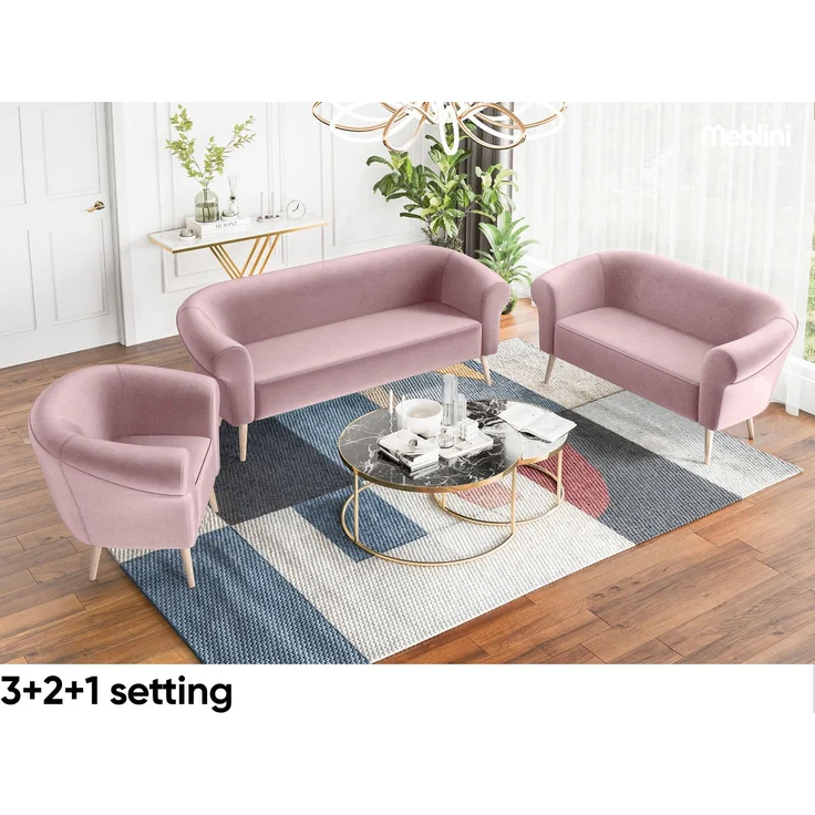 MEBLINI Sofa-Set EMILIA 2+1 - Rosa Samt - für Wohnzimmer - Mini Lounge für drei Personen - Küchensofa - Sofa Klein - Sitzgarnitur - Polstergarnitur - Sofagarnituren – Bild 6