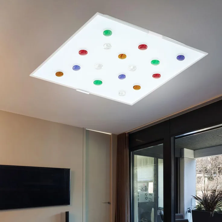 LED Deckenleuchte, Glas satiniert, quadratisch, Dekosteine