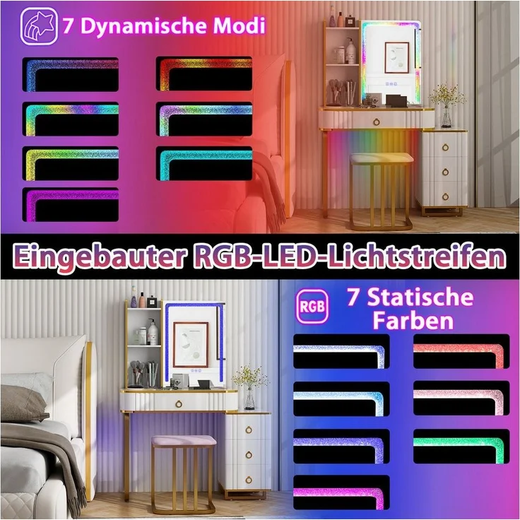 COSTWAY Schminktisch, mit 14 dimmbaren LED-Leuchten, USB-Anschluss, Hocker – Bild 2