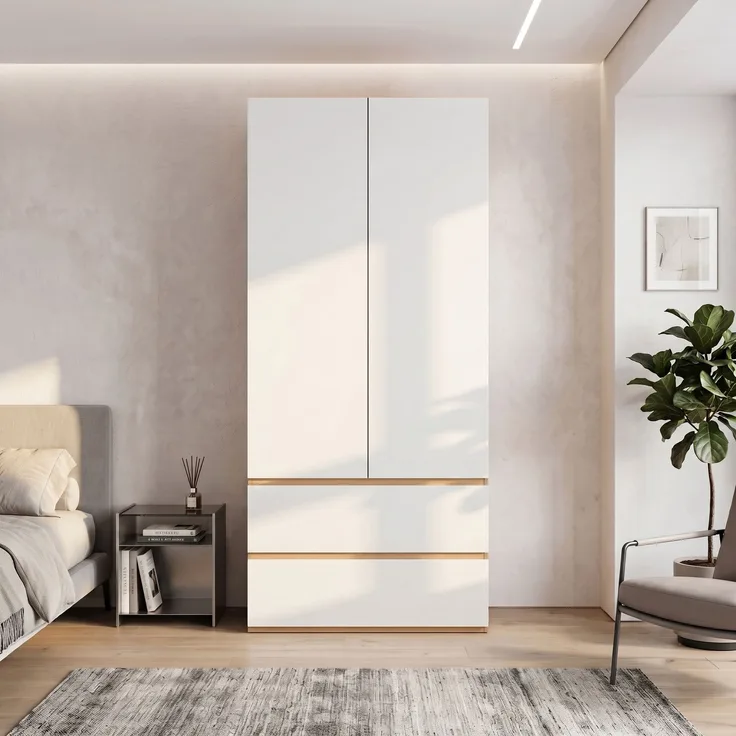Kleiderschrank mit oberem Staufach, Garderobenschrank, 90 x 50 x 200 cm, mit 1 Kleiderstange, 2 Schubladen und 2 Türen, moderner Hochschrank für Schlafzimmer, Flur, Kinderzimmer oder Büro (Eiche/Weiß)--Weiß--90x50x200cm--YOUDENOVA