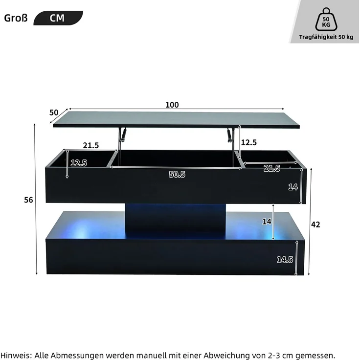 Höhenverstellbarer Couchtisch mit LED-App-Steuerung, verstecktem Stauraum und EU-Steckdosen, 100×50×42 cm, modern schwarz – Bild 10