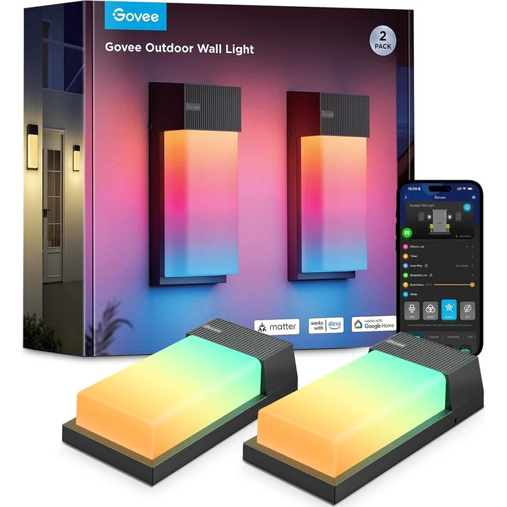 Govee Outdoor Wandleuchte RGBIC, 1500LM Smart LED Wandleuchte Aussen mit 45 Scene Modes, IP65 Wasserdicht für Wandlampe, DIY Wandleuchte, Funktioniert mit Alexa, Google Assistant und Matter, 2 Stück – Bild 1