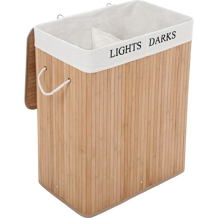 Calicosy Bambus Wäschekorb mit 2 Fächern - 100L - Helles Holz